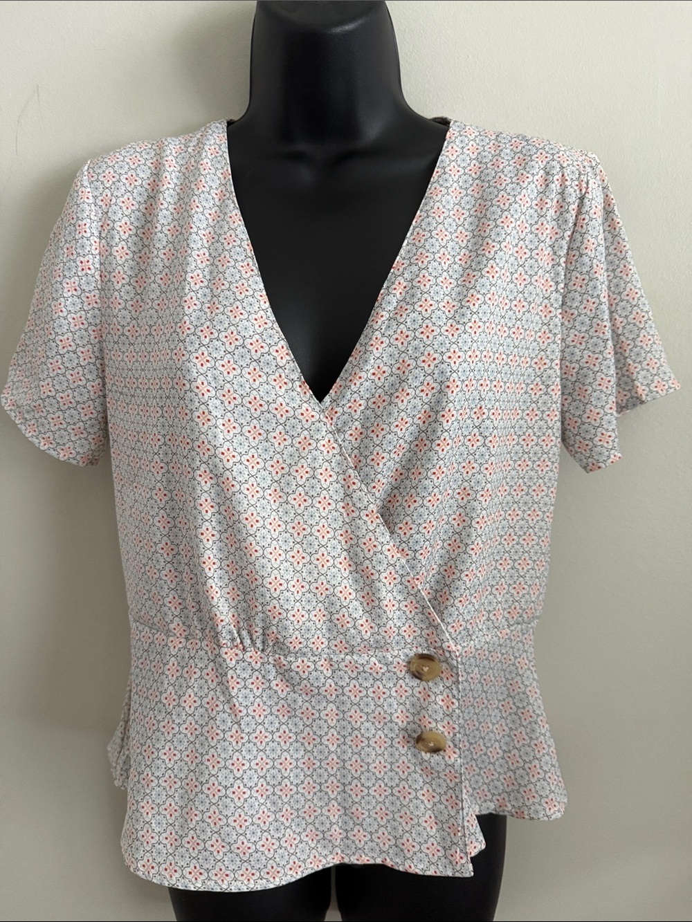Japna Peach and White Floral Wrap-Style Geometrical Peplum Blouse Medium